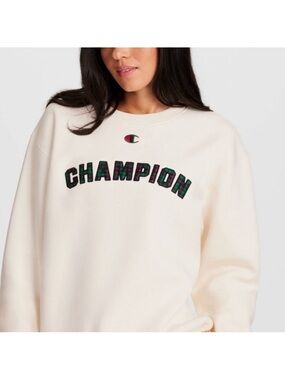 Champion Cream Crewneck with Green & Red Plaid Logo - Size XS - New With Tags